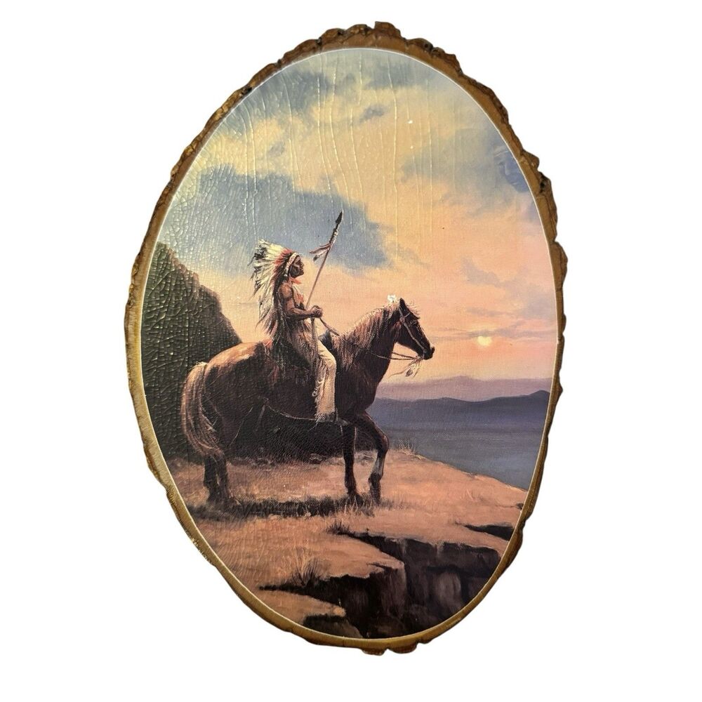 Vtg Wood Hand Painted Native‎ American Lincoln Silver And Montana Sunset Horse